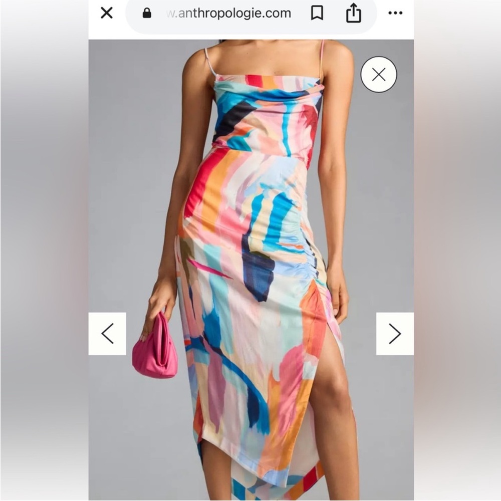 Anthropologie Square Cowl-Neck Ruched Side-Slit Slip Dress